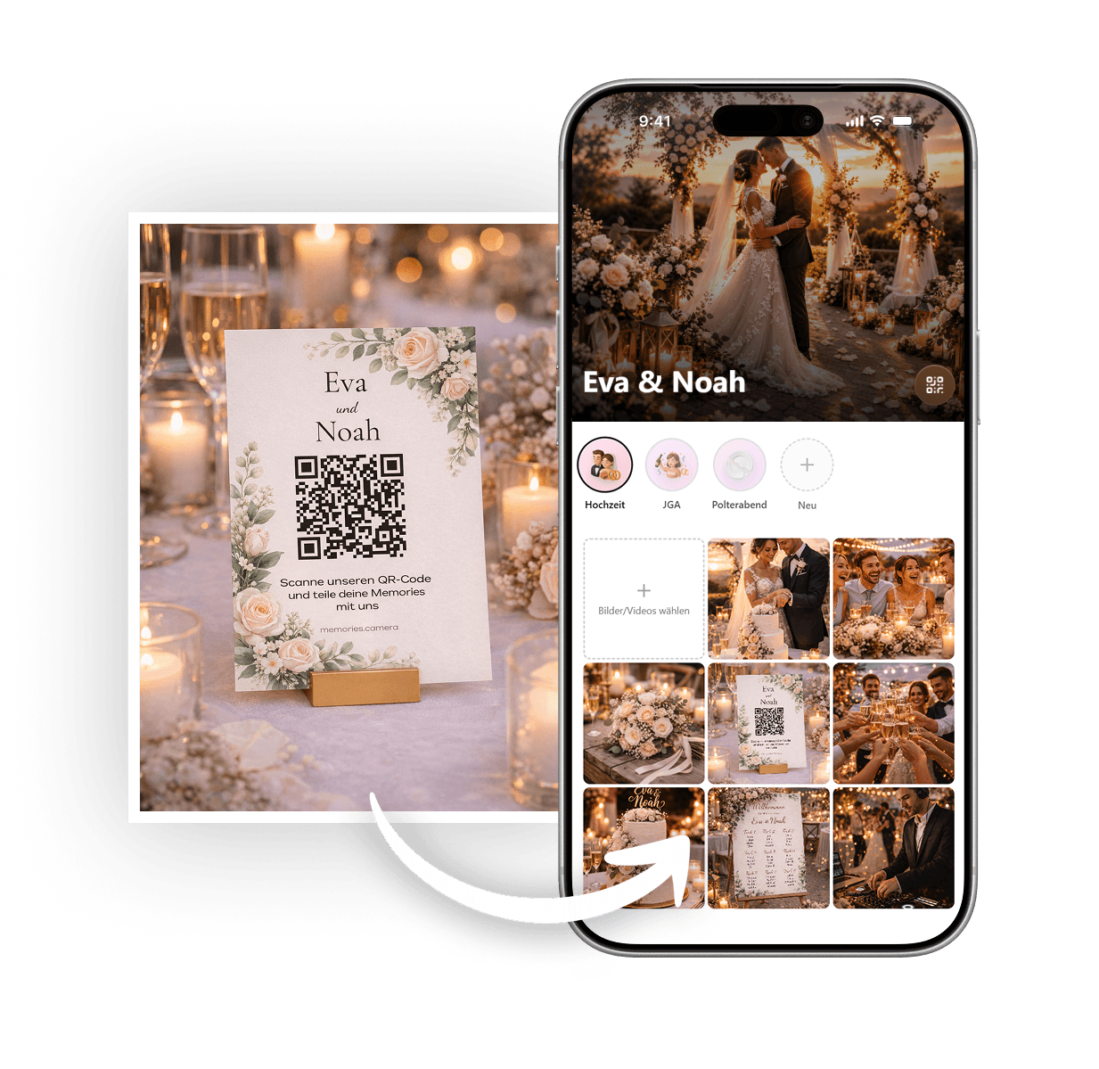 Smartphone mit Hochzeits-QR-Code in der memories.camera Oberfläche